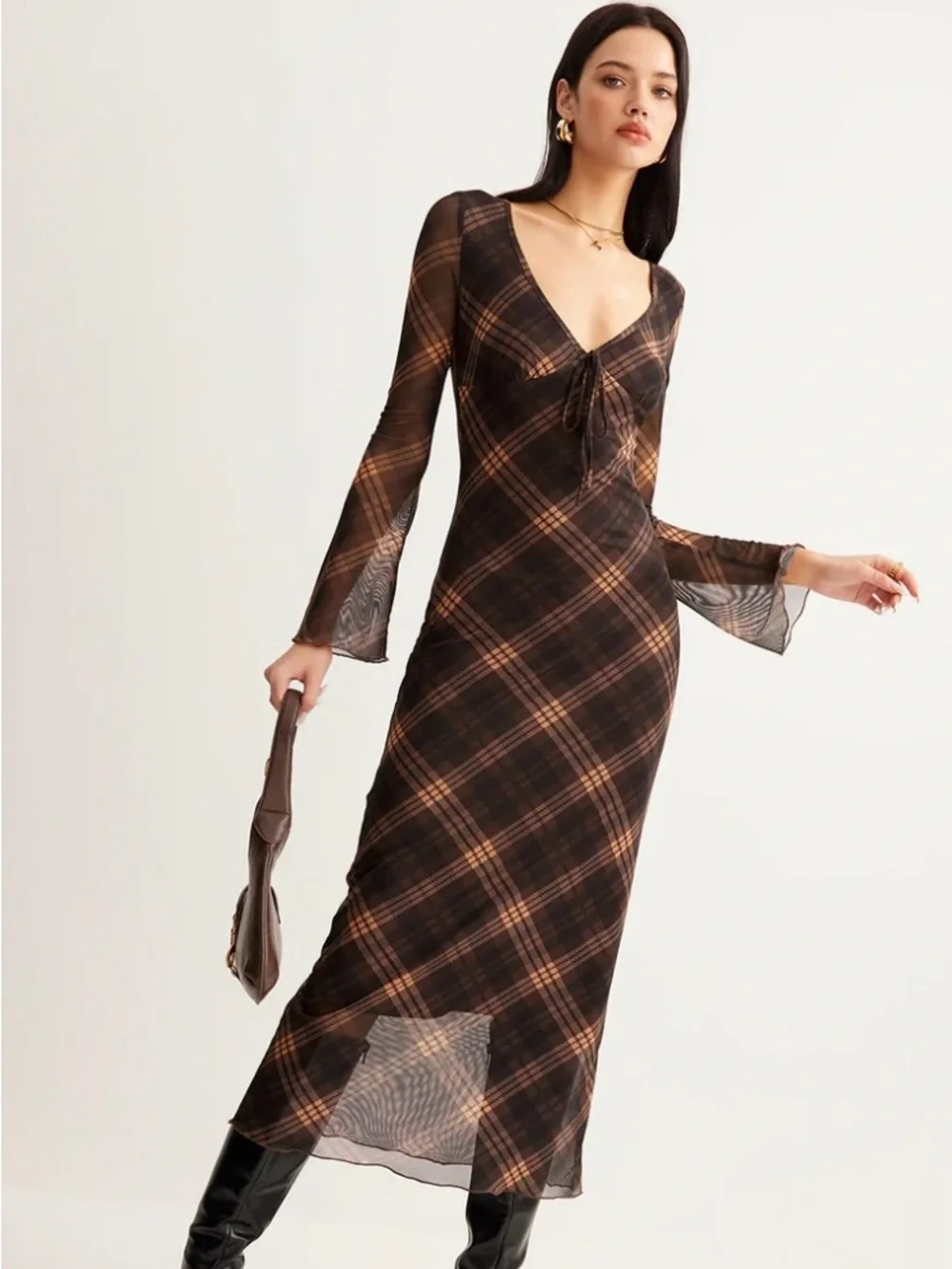 Commense Semi-Sheer Checked Bell-Sleeve Mesh Dress, size XS, NWT! - Picture 4 of 7